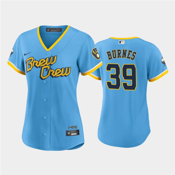 Women's Milwaukee Brewers #39 Corbin Burnes Powder Blue 2022 City Connect Cool Base Stitched Jersey(Run Small)